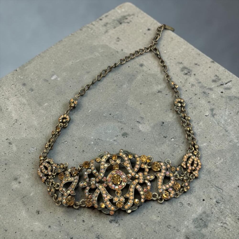 VCLM Vintage Style Rhinestone Filigree Choker Necklace Amber AB Gothic Victorian